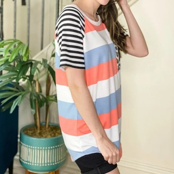 Women's Top Multi-Colored Stripes Tee Shirt - Picture 3 of 4